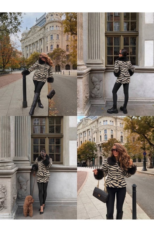 Hand Feather Zebra Pattern Fur Collar Jacket Skirt Set