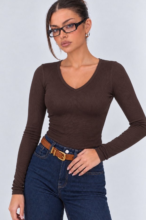 Women's Ribbed Knit V-Neck Blouse / T-Shirt