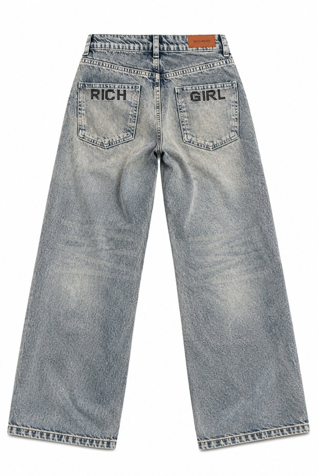 RICH GIRL Embellished with Stones Light Blue Wide Leg Jeans