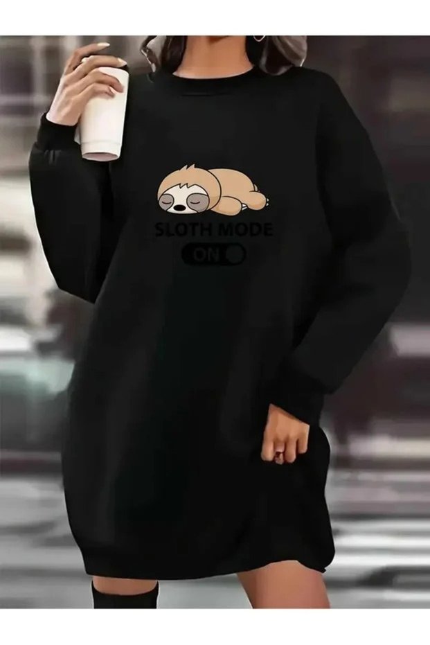 Black Long-Sleeved, 90 cm Printed Oversized Tunic with Brushed Inside