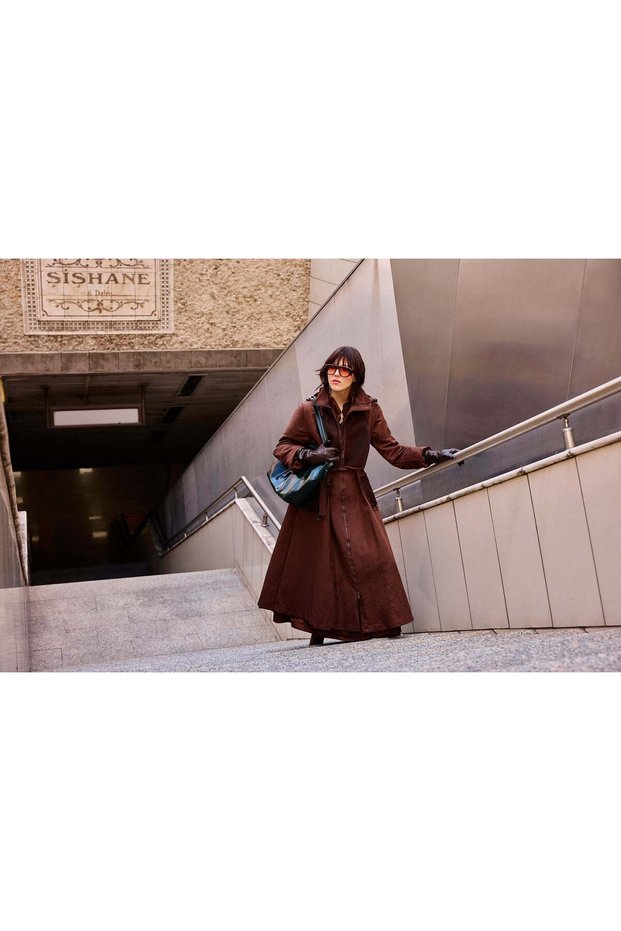 Women's Zip-Detail Longline Overcoat - Brown