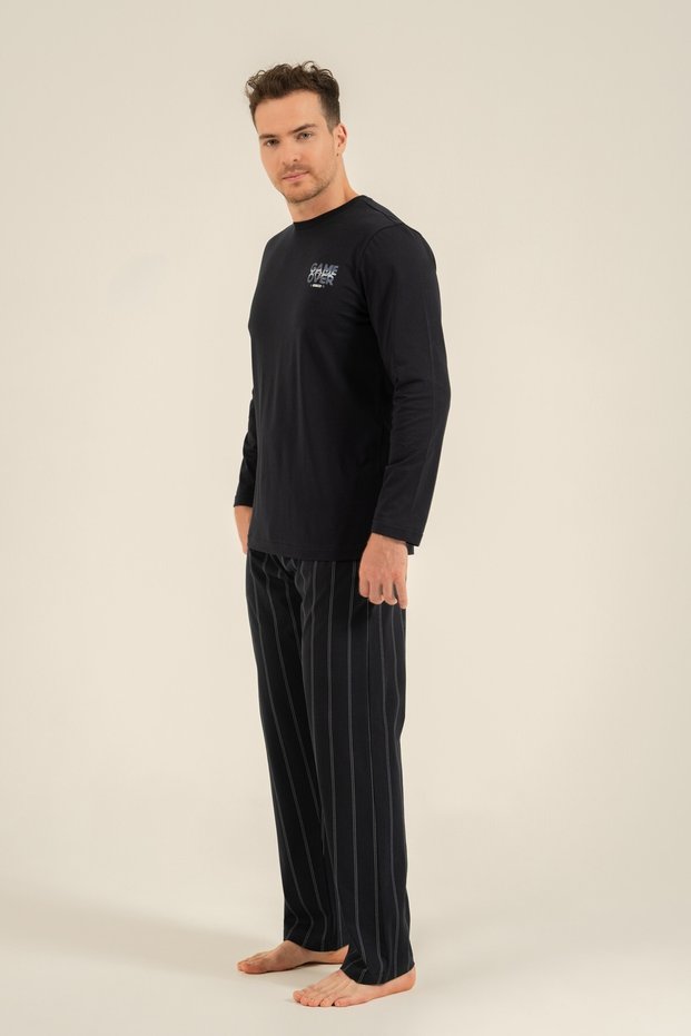 Navy blue striped father son pajama set, 100% cotton, adult and children's pajamas are sold separately.