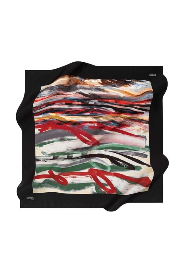 Pure Tivil Silk Scarf, Black and Red Abstract Patterned Design