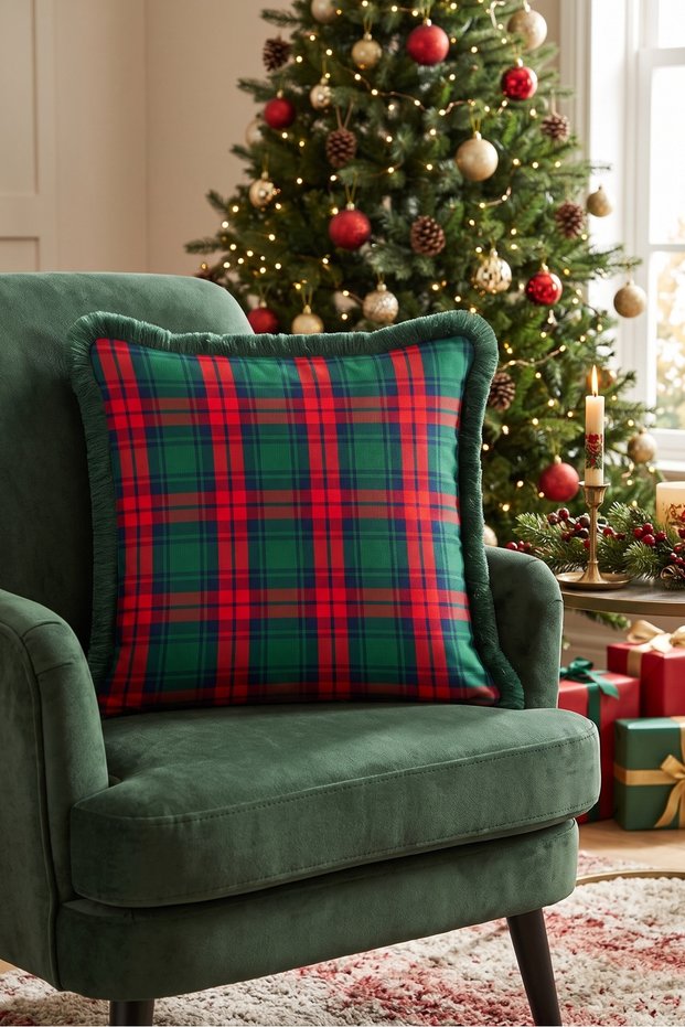 Red Plaid New Year's Decoration Cushion Cover with Tassels - Retro New Year's Green Fringed Pillowcase