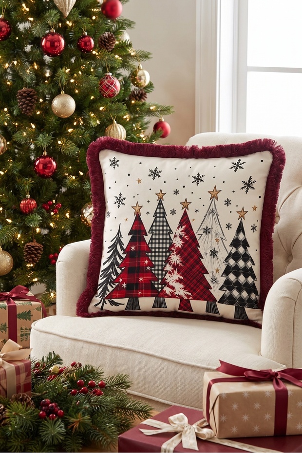 Red Pine Christmas-Patterned Tasseled Cushion Cover—Plaid New Year's Decoration Fringed Pillowcase