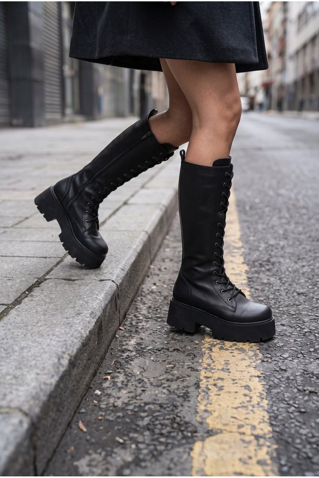 Women's Black Thick Sole Lace-Up Zipper Long Knee-High Boots⁠
