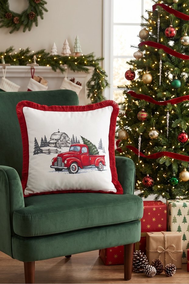 White Van with New Year's Design Tasseled Cushion Cover—New Year's Decoration Fringed Pillowcase