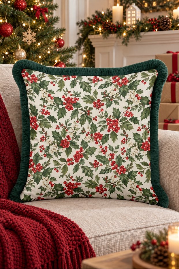 Cream-Colored Shepherd's Purse New Year's Patterned Tasseled Cushion Cover—New Year's Decoration Tasseled Pillowcase