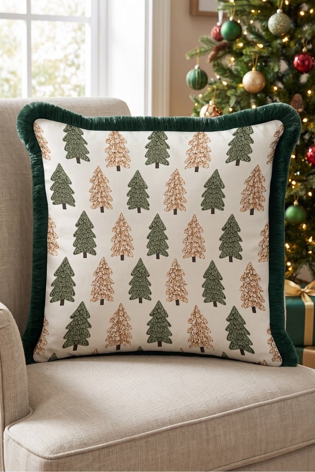 Cream-Colored Pine Tree Christmas Ornament Tasseled Cushion Cover - New Year's Decor Green Fringed Cushion Cover