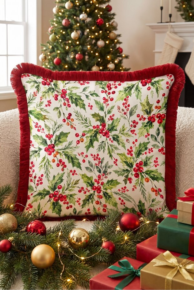 Cream-Colored Shepherd's Purse New Year's Patterned Tasseled Cushion Cover - Christmas Fringed Cushion Cover