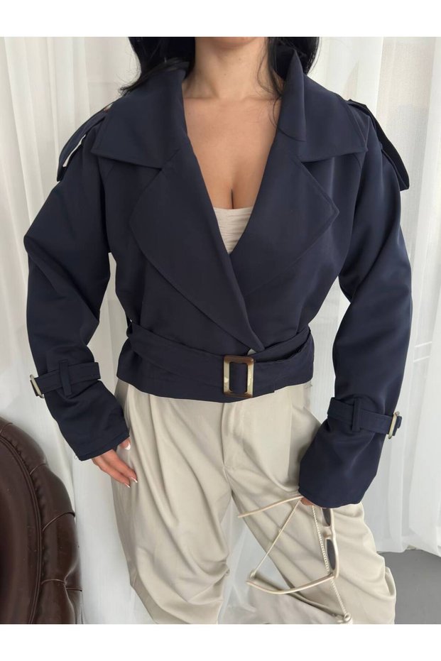 Women's Sleeveless Belted Double-Breasted Cropped Trench Coat with Wrap Neckline Detail