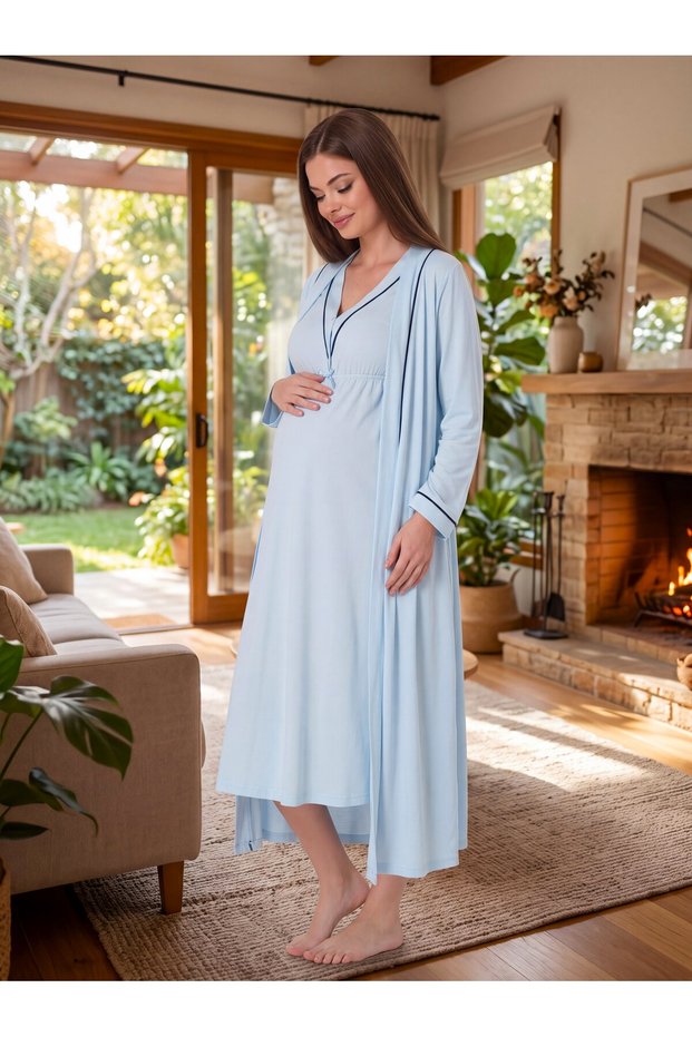 New Season Blue-Piped, Buttoned, Nursing-Friendly Design, Long-Sleeved, 100% Cotton Postpartum and Maternity Robe and Nightgown Set