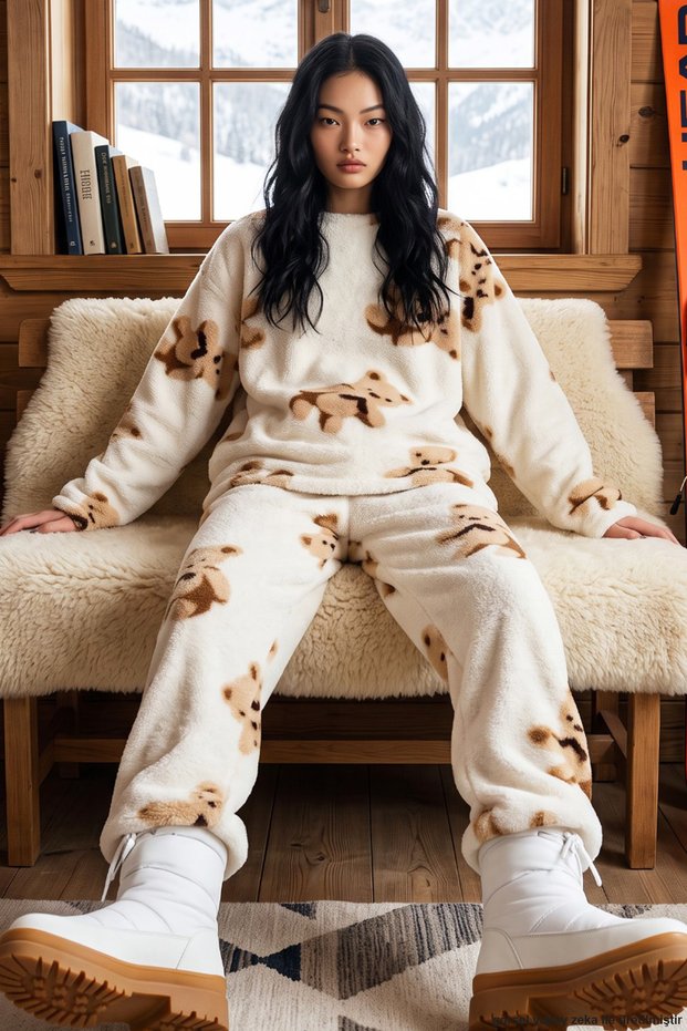 Ecru Teddy Bear Print Wellsoft Knit Pajama Top and Bottom Set 8101