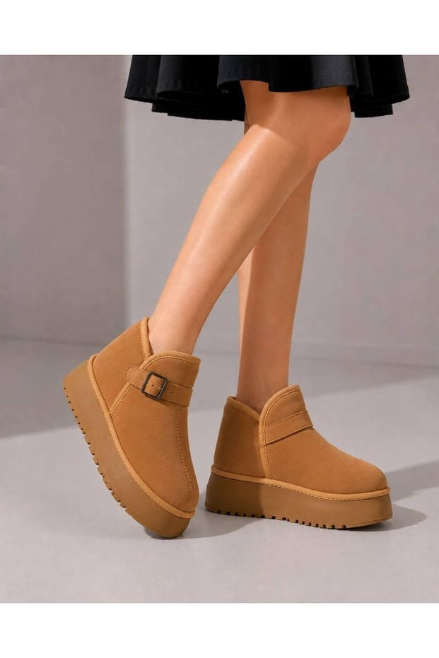 Women's Taba Suede Thick Sole Buckled Fur-Trimmed Short Boots by Guyn