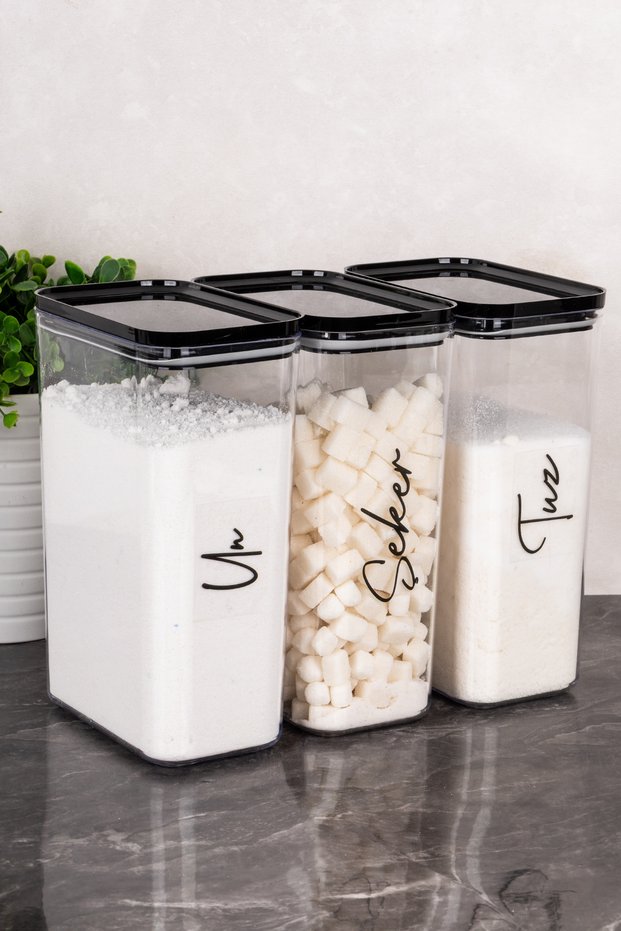 Set of 3, 3000 ml Black Vacuum-Sealed Transparent Acrylic Food Storage Containers with Labels for Tea, Sugar, Flour, and Salt