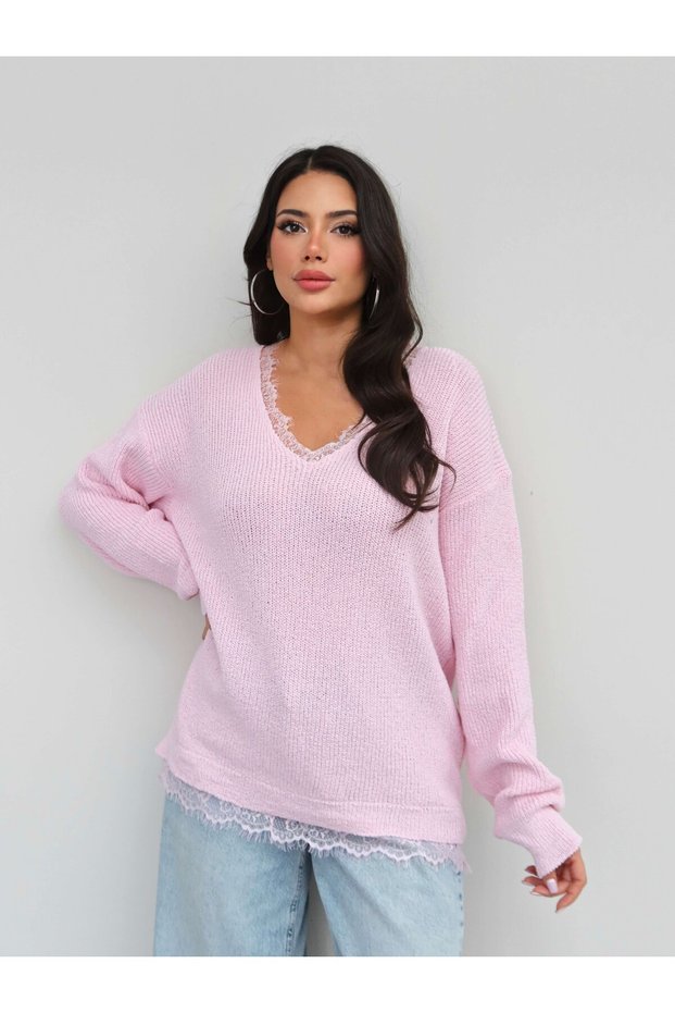 Lace Detailed V-Neck Knitwear Sweater