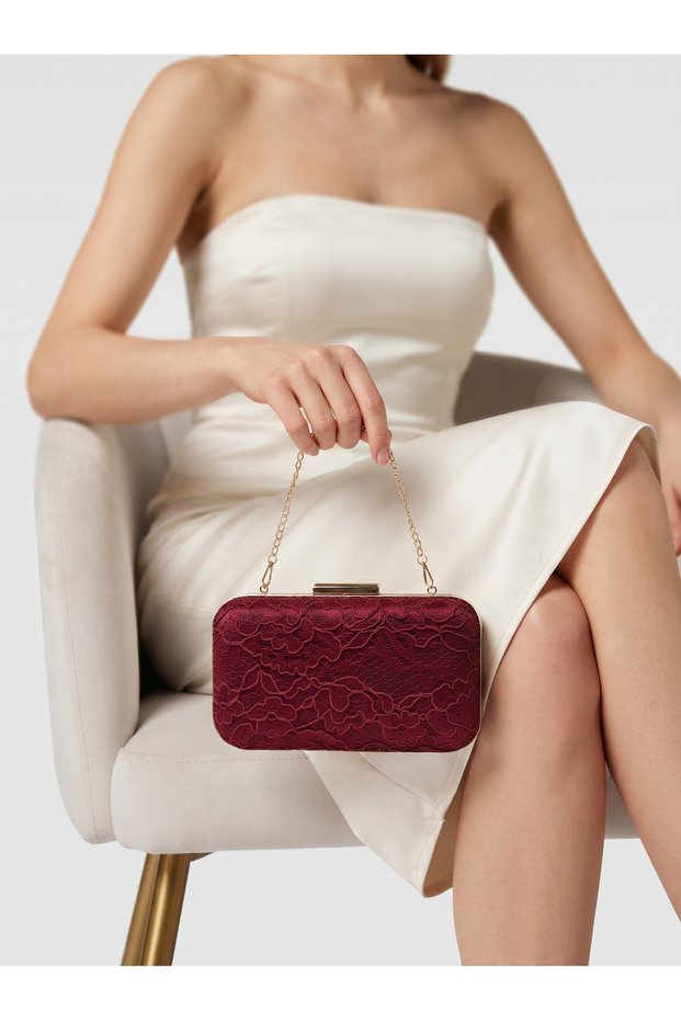 Burgundy Lace Women's Evening Clutch Bag with Gold Accents and Chain Strap for Weddings and Engagement Parties