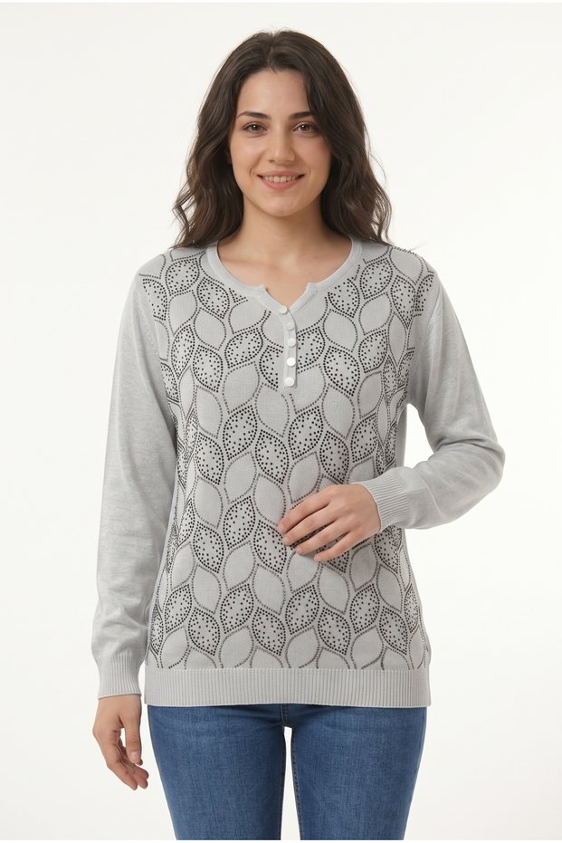 Women's Collar Button Detailed Stone Printed Long Sleeve Glittery Knitwear Blouse