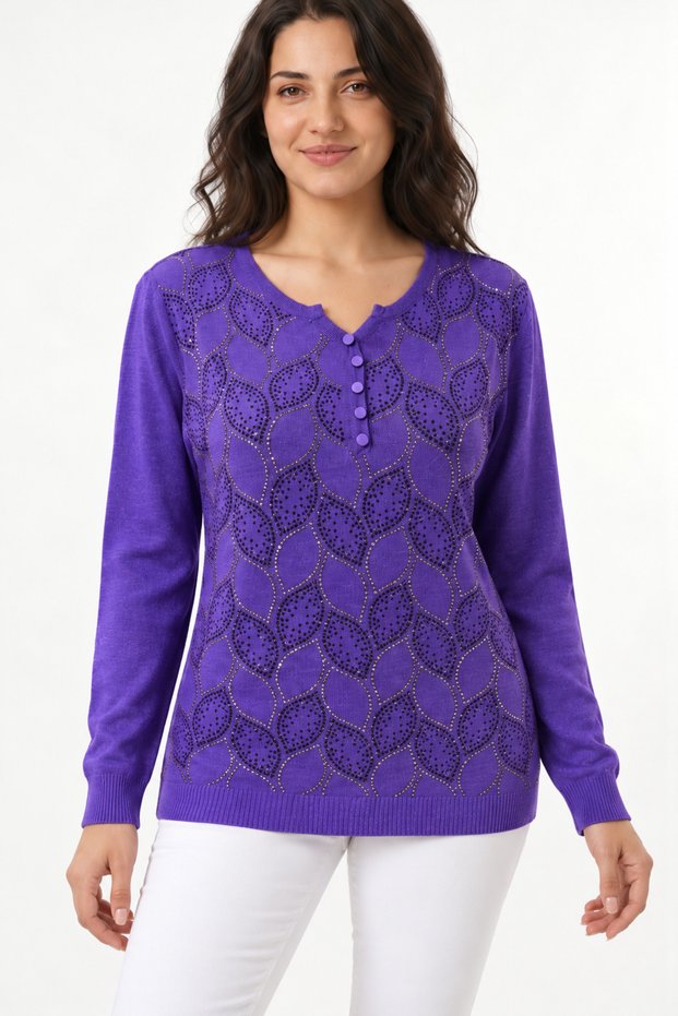 Women's Collar Button Detailed Stone Printed Long Sleeve Glittery Knitwear Blouse