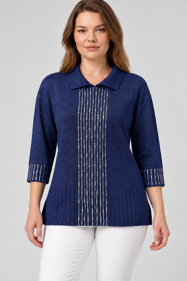 Women's Shirt Collar Blouse with Stone Embellishments and Glittery Details