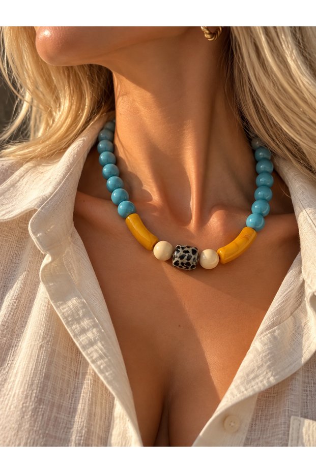 Blue Leopard Hola Necklace with Center Stone