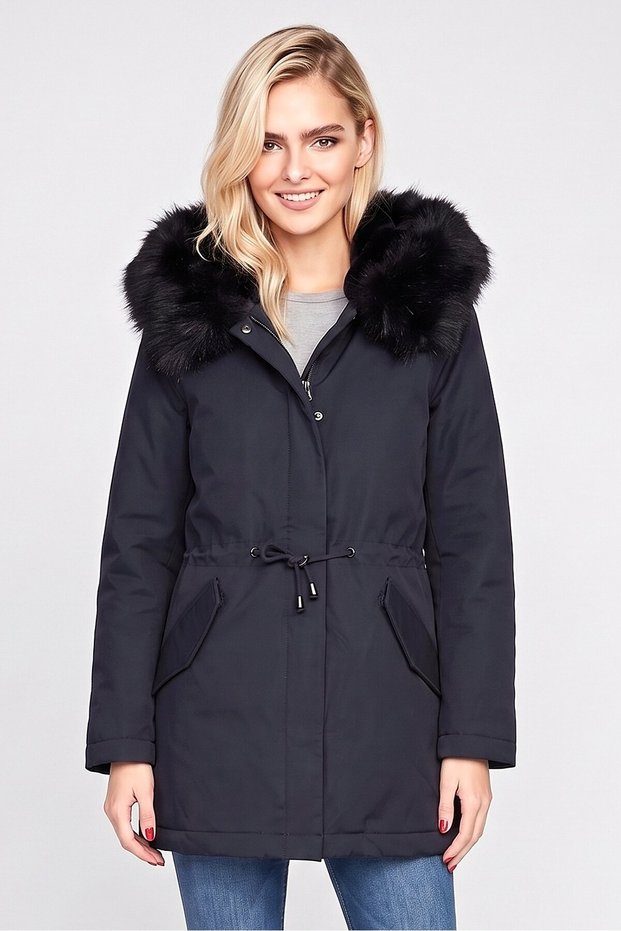 Women Solid Parka Jacket, Navy
