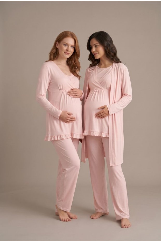 Women's Powder-Colored, Wrap-Style, Long-Sleeved, Nursing-Friendly, and Comfortable Maternity Pajama Set with a Robe.