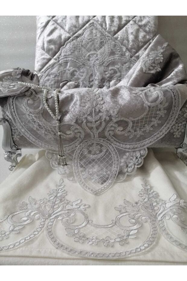 Prayer Rug Bundle Set with Storage, French Lace and Velvet Fabric. Gray Fabric, Silver Ecru Lace