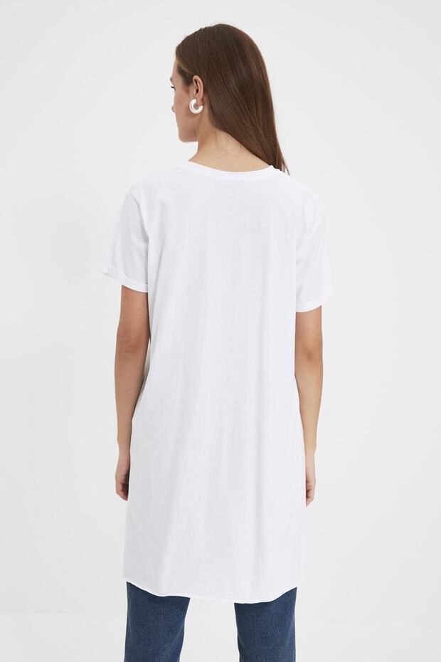 Siyah-Beyaz 2'li Paket Yırtmaç Detaylı Bisiklet Yaka Kısa Kollu Basic Örme T-Shirt TCTSS21UK0009 - 10