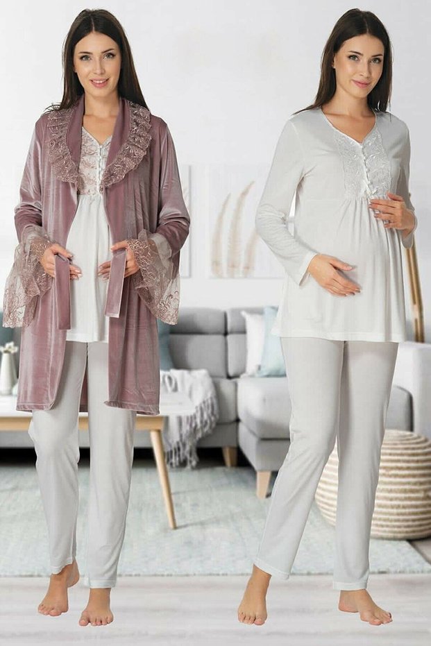Effort Women's Winter Dry Rose Velvet Maternity Pajama Set with Dressing Gown 8088