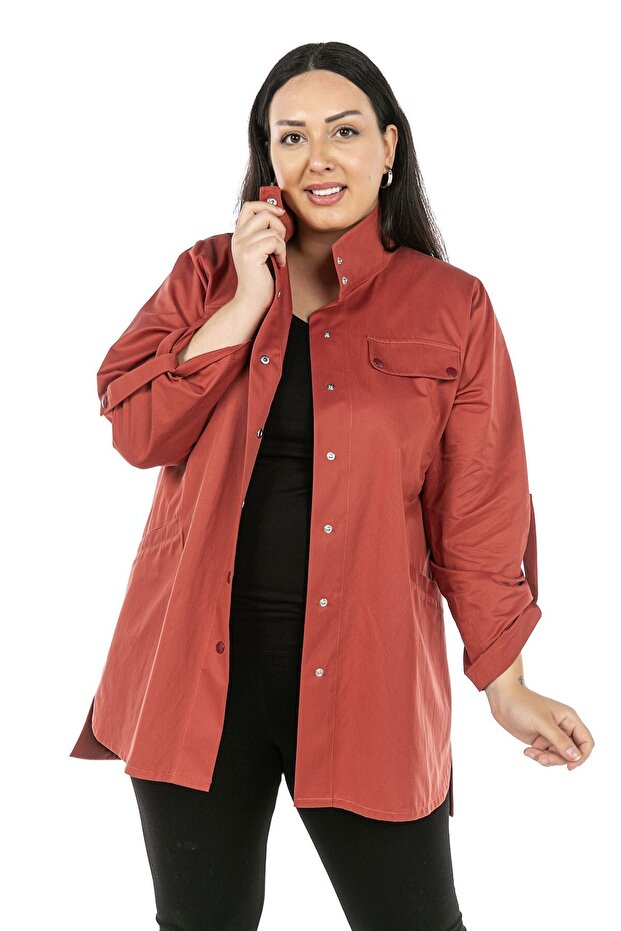 Plus Size Dried Rose Trench Coat with Side Slits, Folded Sleeves, Pockets and Snap Detail