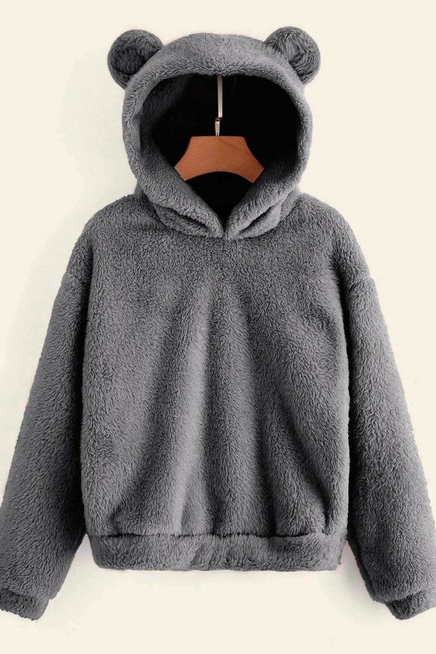 Women's Smoked Plush Low Shoulder Teddy Ear Hooded Sweatshirt
