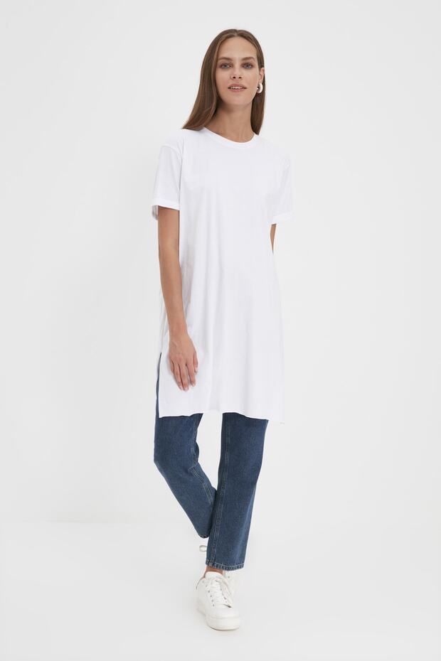 Siyah-Beyaz 2'li Paket Yırtmaç Detaylı Bisiklet Yaka Kısa Kollu Basic Örme T-Shirt TCTSS21UK0009 - 6