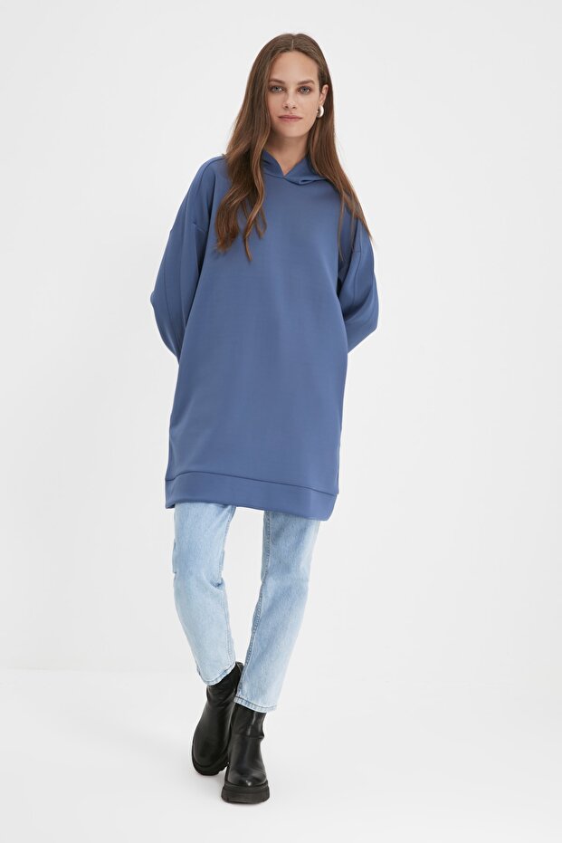 Sötétkék nagyméretű búvárpulóver - kapucnival és zsebbel TCTAW22TW0151 - 3