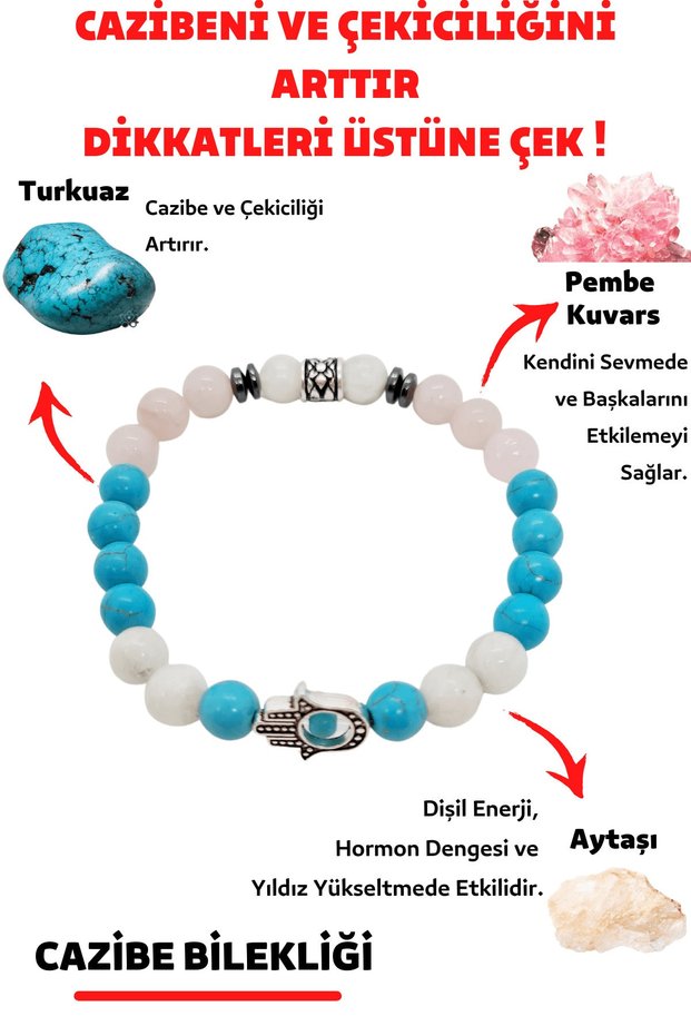 Certified Charm Natural Stone Women's Talisman Bracelet (AYTAŞI PINK QUARTZ TURQUOISE NATURAL STONE BRACELET)