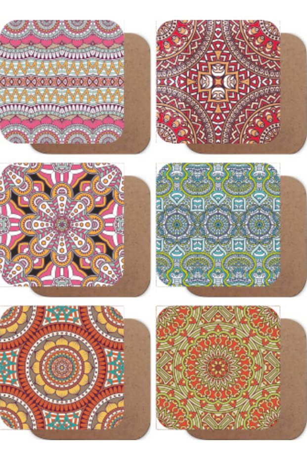 Anatolian Motif Mandala Set of 6 Wooden Coasters