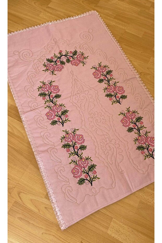 Powder Pink Dowry Canvas Etamine Embroidered Cotton Linen Prayer Rug