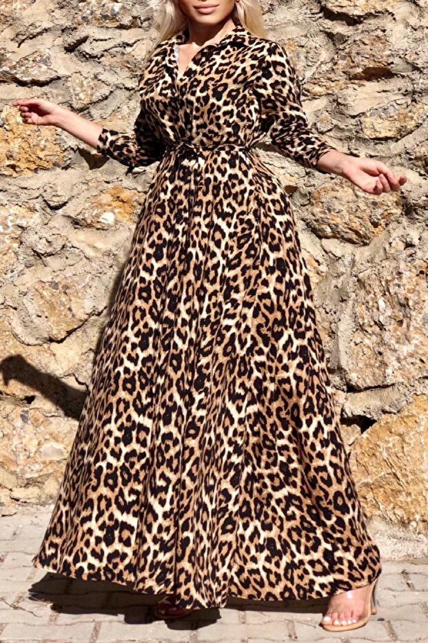 Rochie cămașă cu model leopard - 1