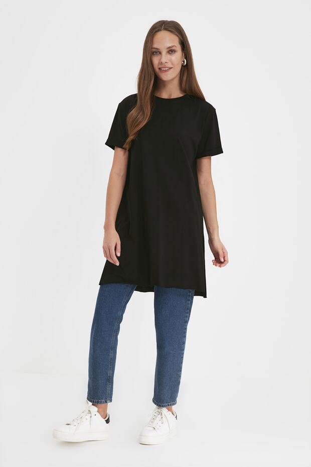 Siyah-Beyaz 2'li Paket Yırtmaç Detaylı Bisiklet Yaka Kısa Kollu Basic Örme T-Shirt TCTSS21UK0009 - 5