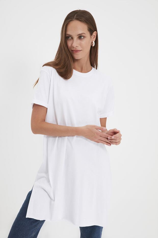 Siyah-Beyaz 2'li Paket Yırtmaç Detaylı Bisiklet Yaka Kısa Kollu Basic Örme T-Shirt TCTSS21UK0009 - 3