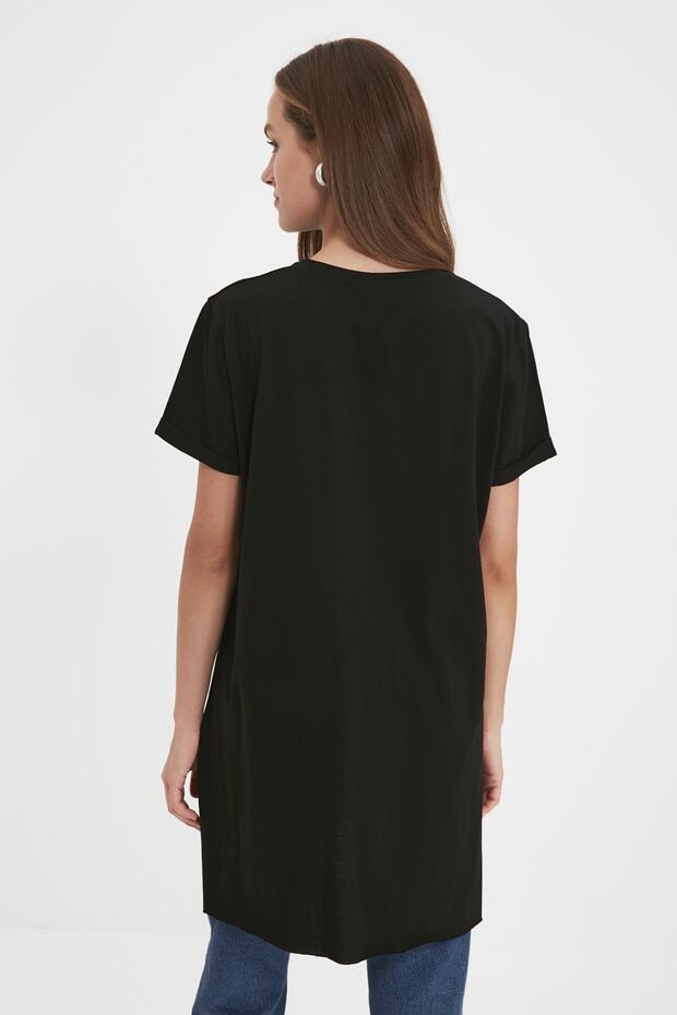 Siyah-Beyaz 2'li Paket Yırtmaç Detaylı Bisiklet Yaka Kısa Kollu Basic Örme T-Shirt TCTSS21UK0009 - 9