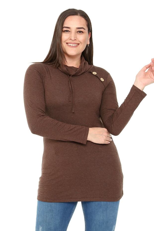 Plus Size Drawstring Degaje Collar Wool Viscose Brown Blouse with Button Detail on the Shoulder - 4