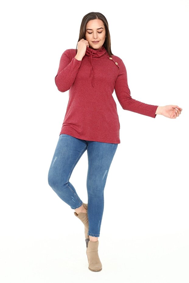 Plus Size Drawstring Degaje Collar Wool Viscose Burgundy Blouse with Button Detail on the Shoulder - 5