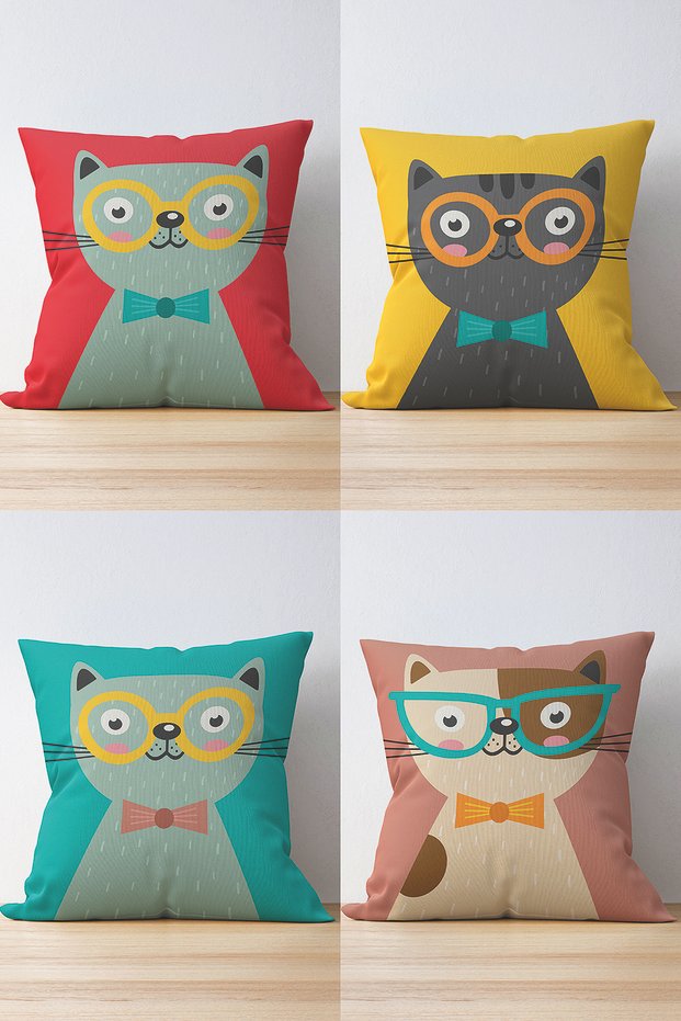 Set of 4 Double Sided Colorful Cute Kitten Printed Suede Throw Pillow Covers