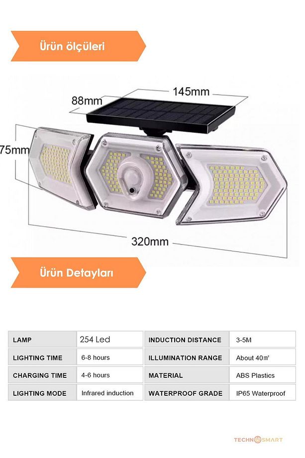 254 Ledli Hareket Sensörlü Solar Projektör Güneş Enerjili Led Bahçe Lambası Şarj Olan - 3