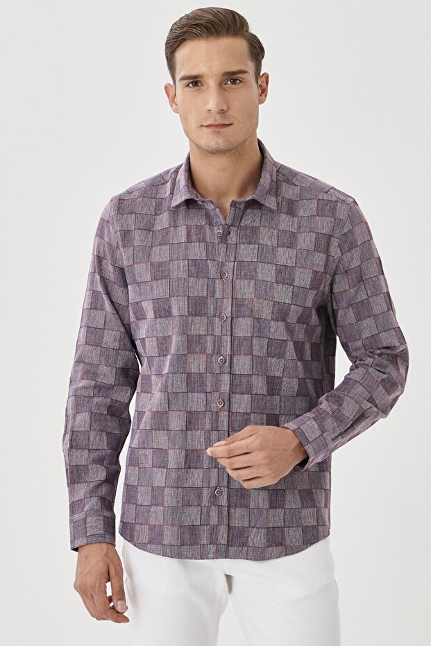 Erkek Beyaz-bordo Slim Fit Kareli Gömlek - 1