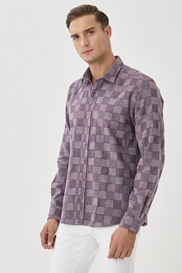Erkek Beyaz-bordo Slim Fit Kareli Gömlek - 2