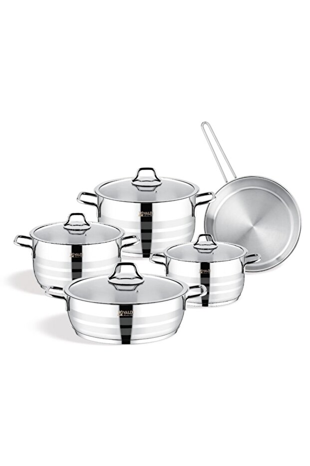9 Piece Steel Cookware Set - with Glass Lid, Vivaldi Aster Plus