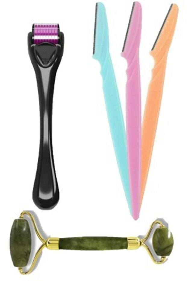 Set of 3 Dermaroller Needle Skin Renewal Tool + Jade Stone Massage Tool + 3-Piece Eyebrow Razor