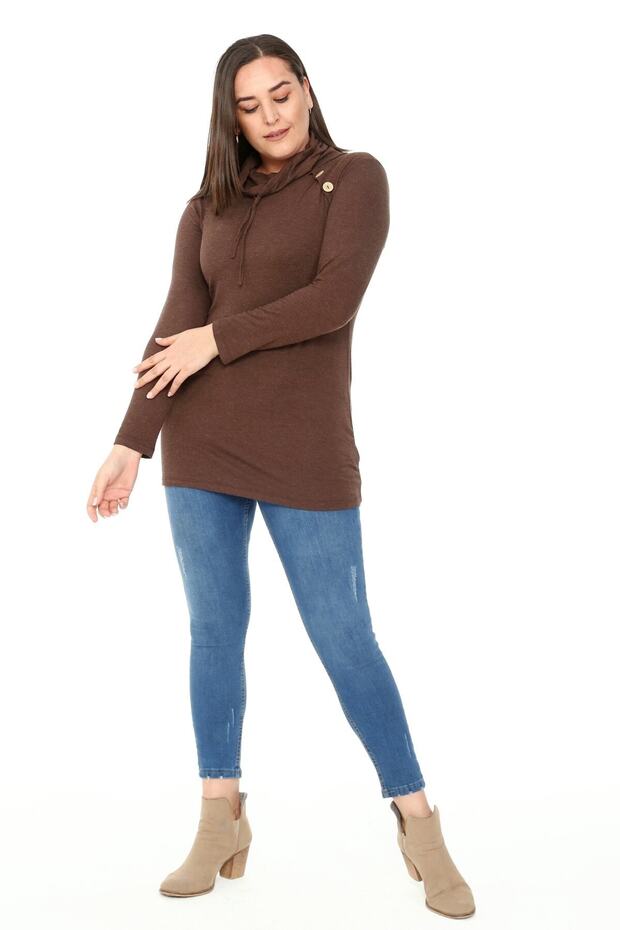 Plus Size Drawstring Degaje Collar Wool Viscose Brown Blouse with Button Detail on the Shoulder - 5